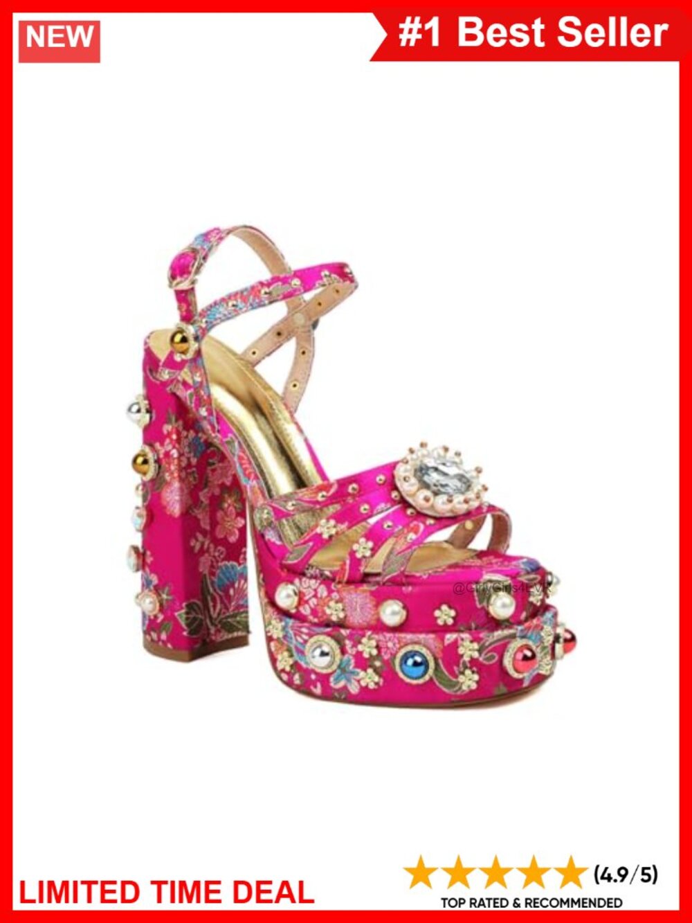 Feinlina Women's Rhinestone Platform Chunky Heel Open Toe Ankle Strap Sandals